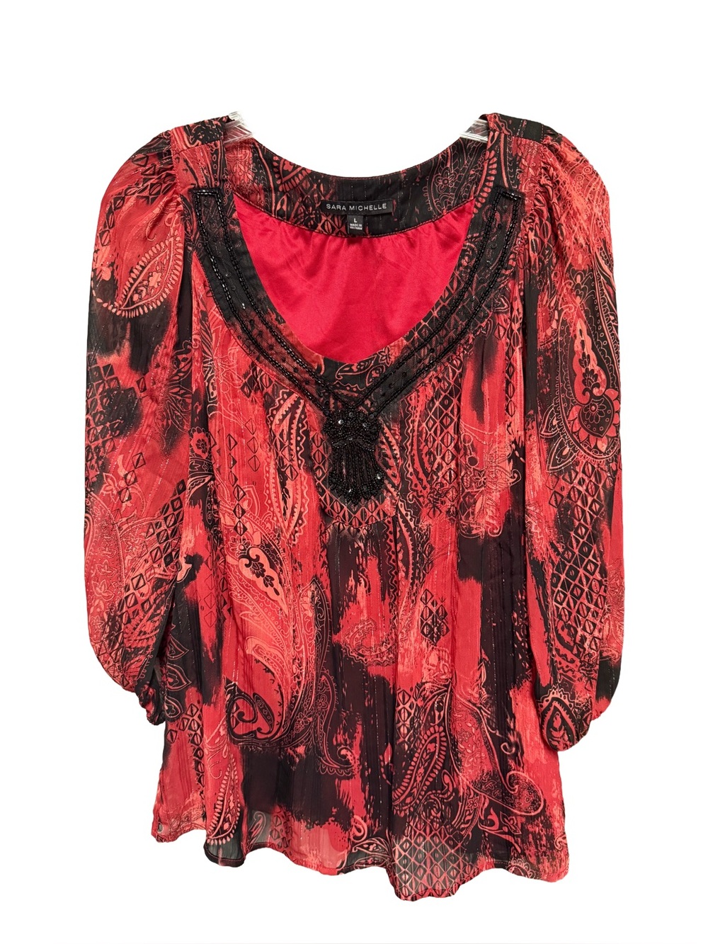 Sara Michelle Women's Large Red & Black Paisley Print Boho Embellished Blouse